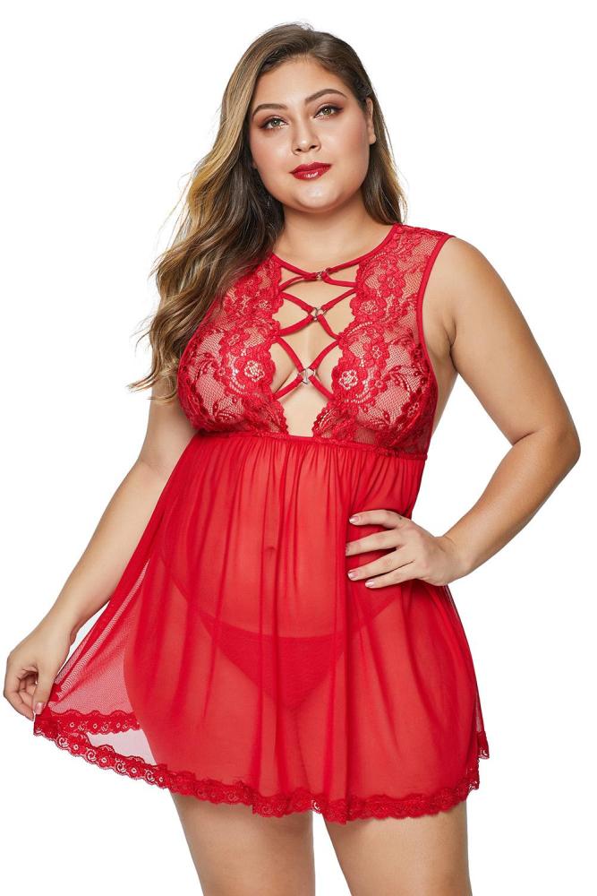 Red Hollow-out Bust Lace Upper Open Back Plus Size Babydoll
