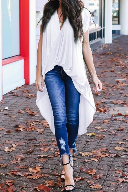 White Stylish Drape High Low Top
