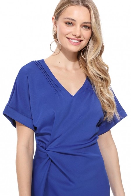 Blue V Neck Cutout Inverted Pleat Bodycon Dress