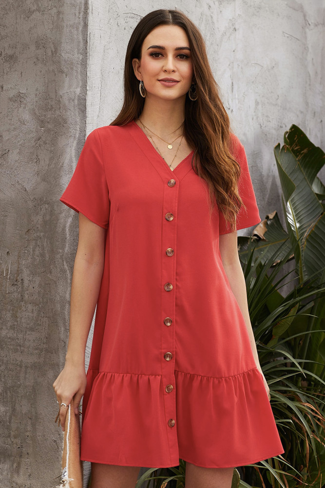 Red Pocketed Button Down Ruffle Dress