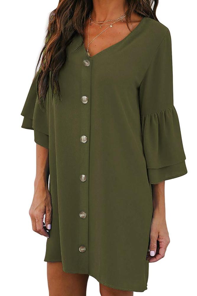Green V Neck Buttoned Bell Sleeve Shift Shirt Dress