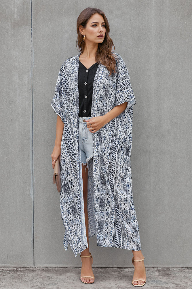 White Black Bohemian Style Tie Kimono