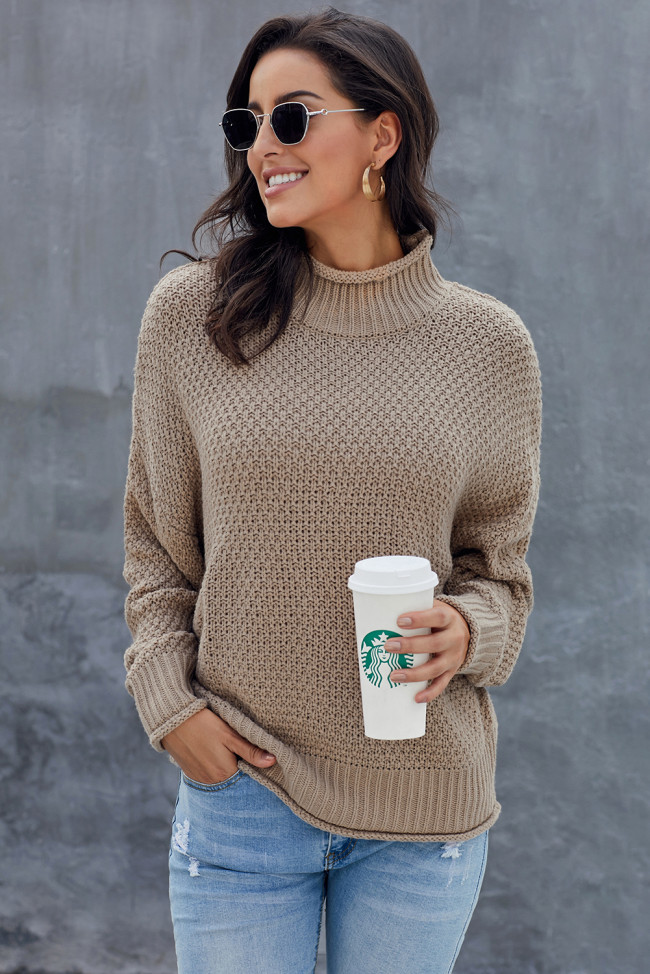 Khaki Oversized Chunky Batwing Long Sleeve Turtleneck Sweater