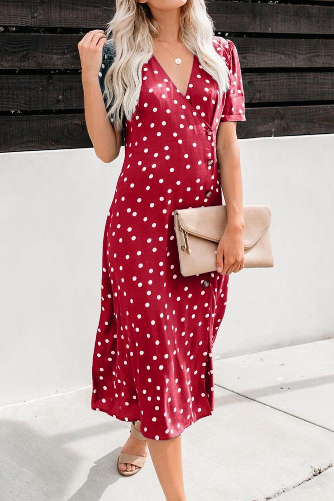 Red Polka Dot Button Down Aside Midi Dress