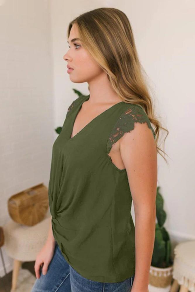 Green Lace Cap Sleeve Twisted Knot Top