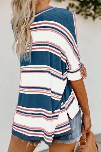 Blue White Pink Color Striped Print Loose Shirt