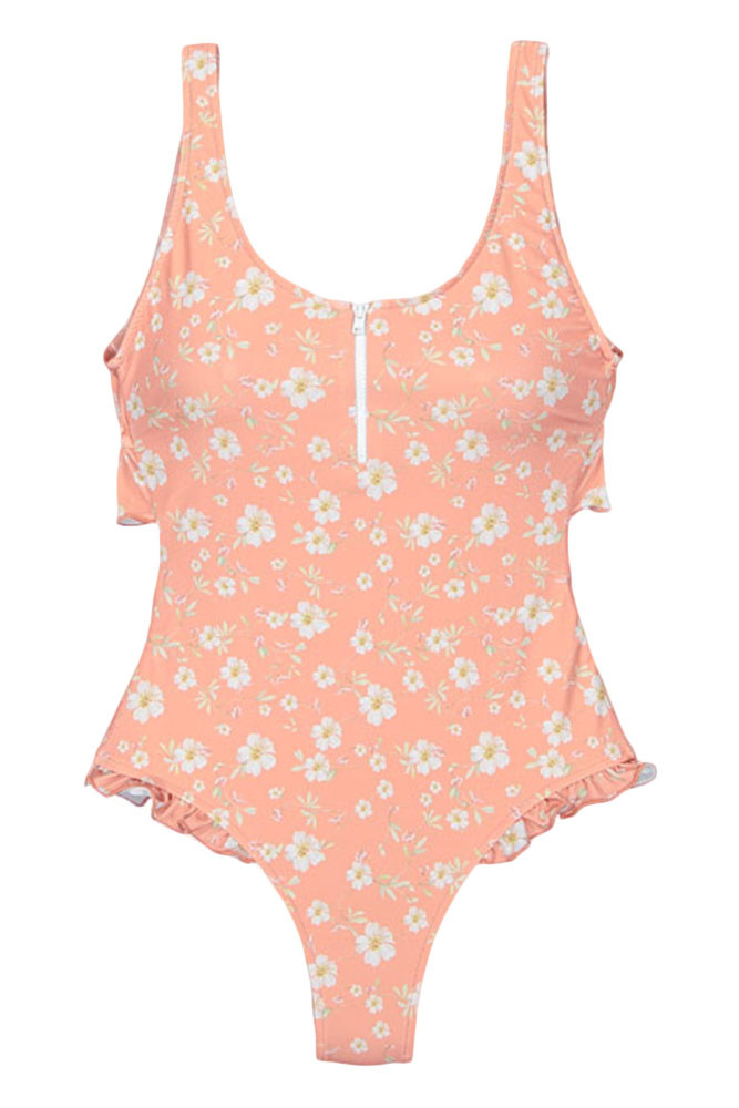 Peach Floral Print Cheeky Monokini Swimsuit