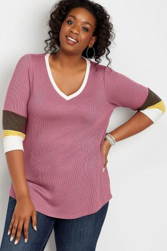Pink Plus Size Blocked Sleeve Thermal Tee