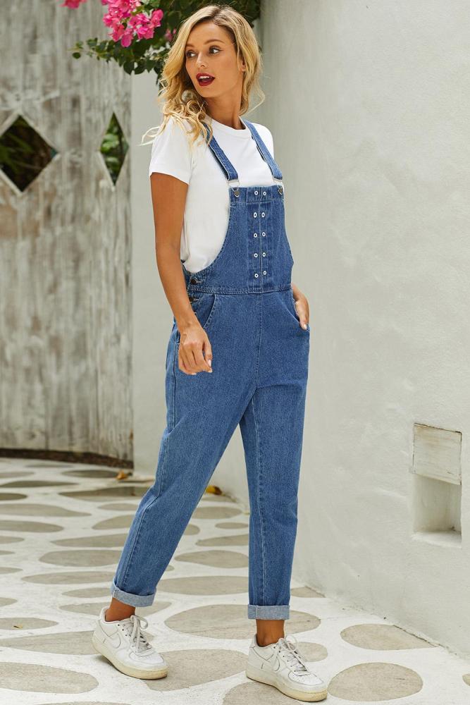Grommet Detail Light Blue Denim Overall