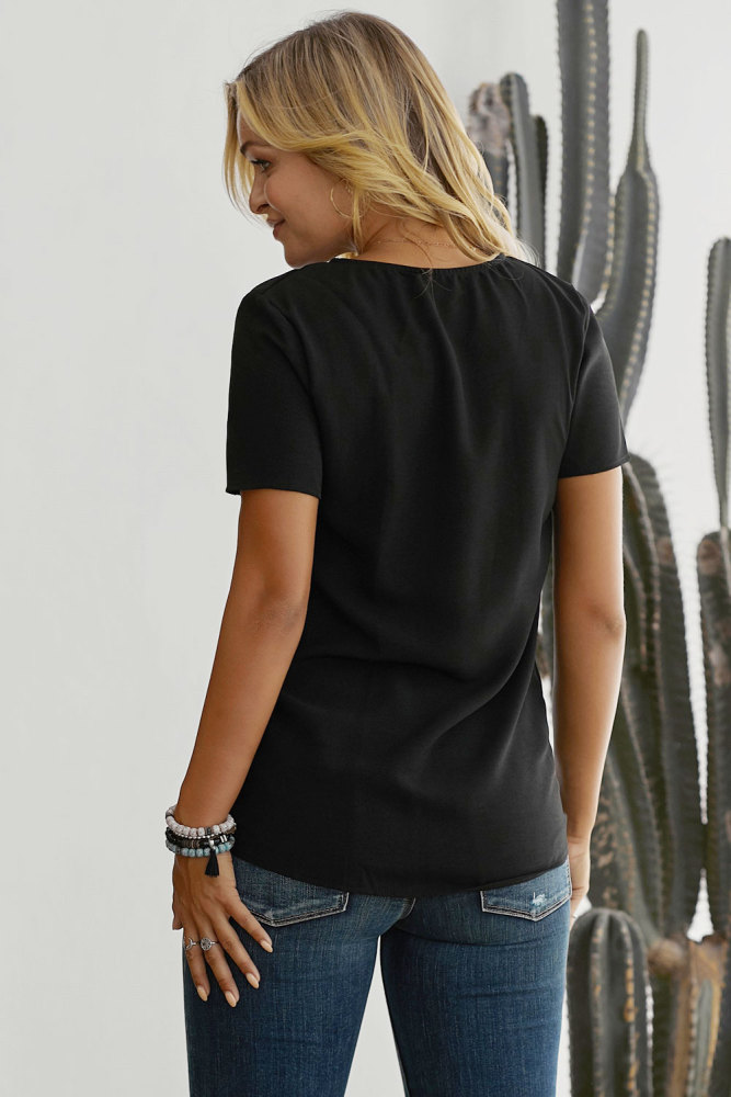 Black Button up Front Tie Detail Woven Top