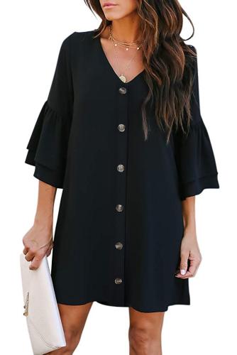 Black V Neck Buttoned Bell Sleeve Shift Shirt Dress
