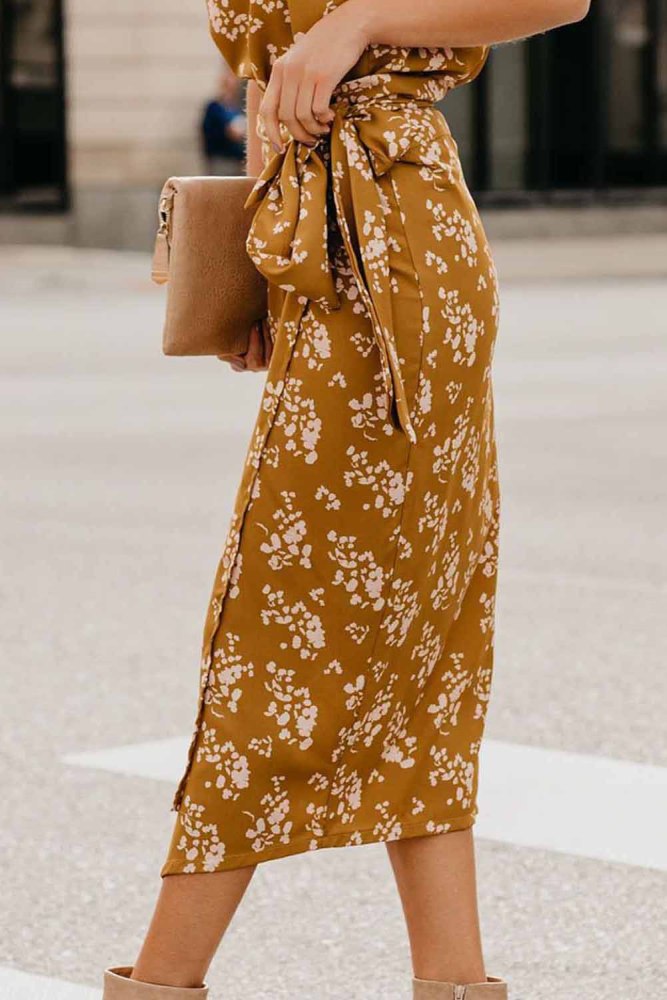 Yellow Floral Wrap Midi Dress