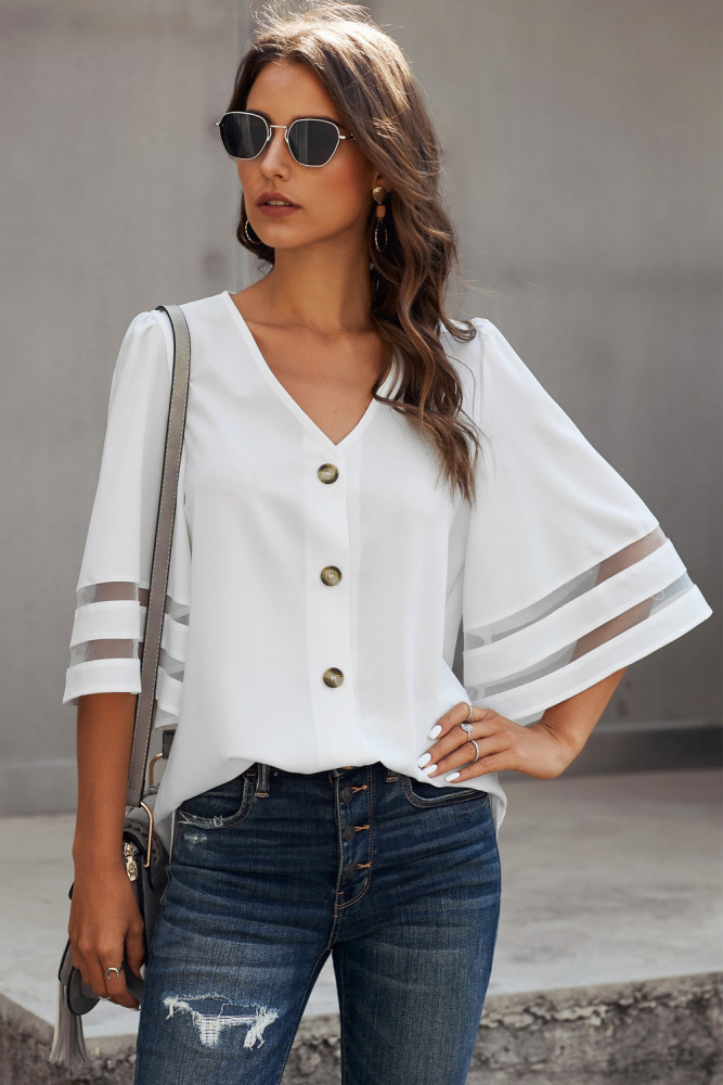 White Flare Sleeve V Neck Button Down Blouse