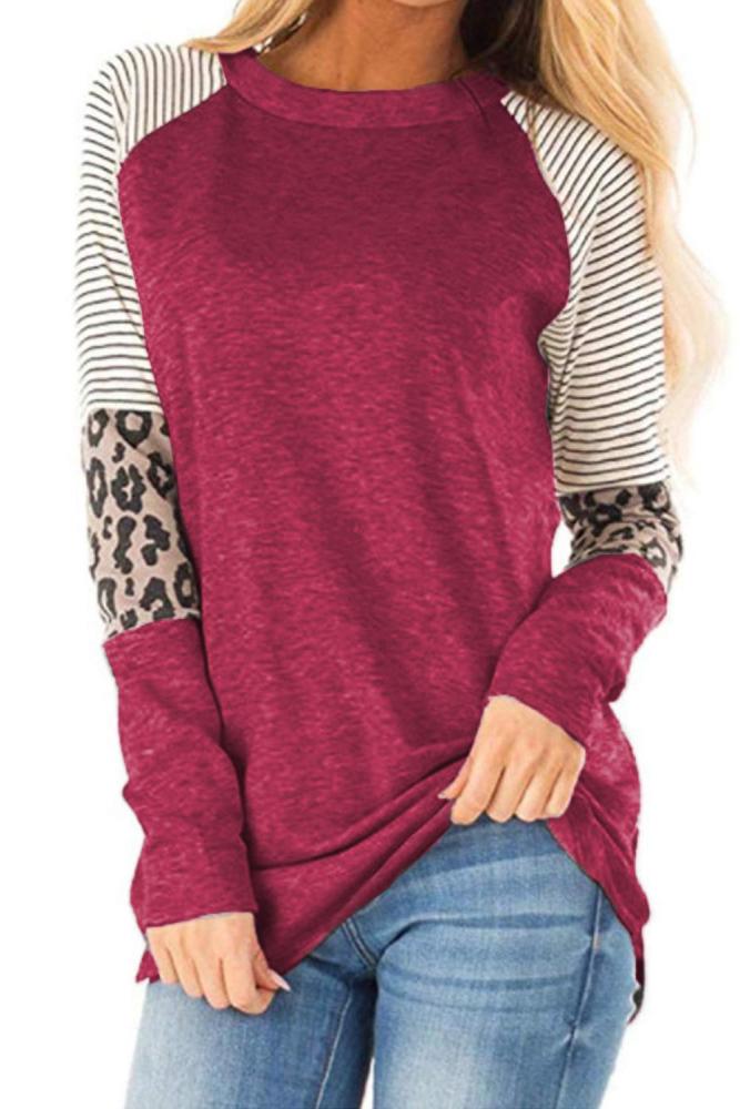 Red Striped and Leopard Color Block Sleeves Top