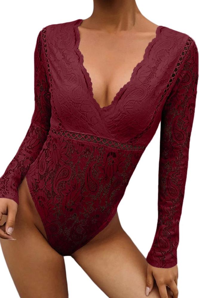 Red Deep V-Neck See Through Skinny Lace Bodysuit