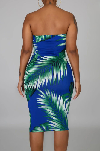 Blue Tropical Print Tube Bodycon Dress