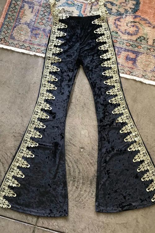 Gold Lace Stitching Velvet Flare Pants