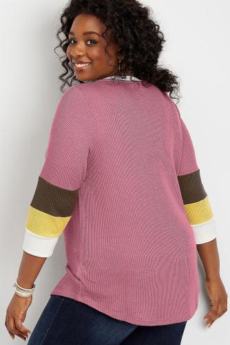 Pink Plus Size Blocked Sleeve Thermal Tee