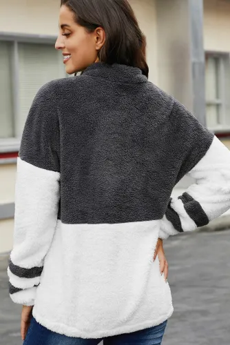 Gray Colorblock Furry Zipped Pullover Sweatshirt Outwear