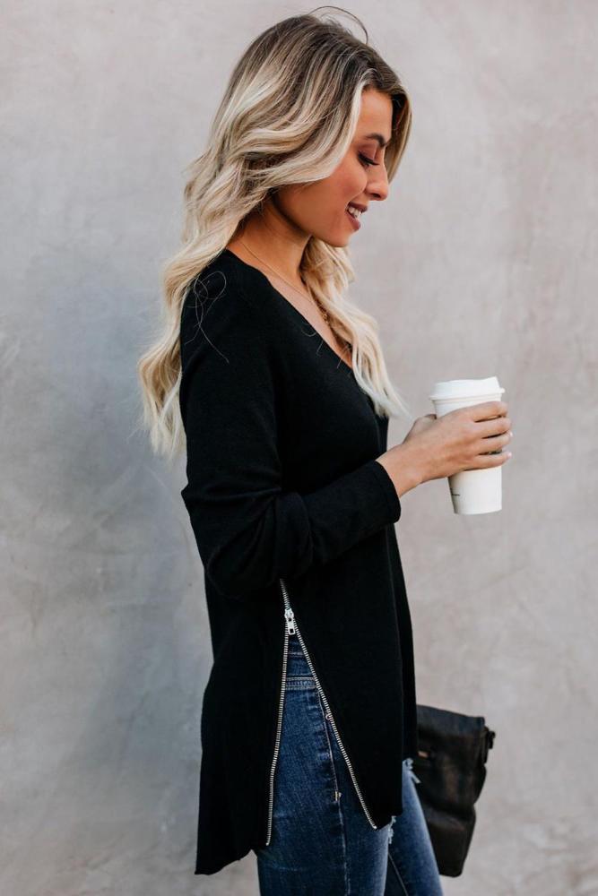 Black Zip Side V Neck Long Sleeve Pullover Top