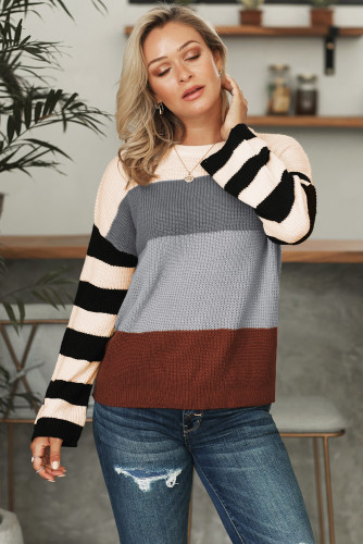Gray Crew Neck Color Block Oversized Pullover Knit Sweater