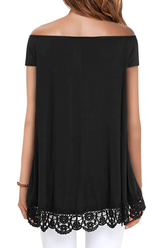 Black Off Shoulder A-Line Lace Trim Blouse