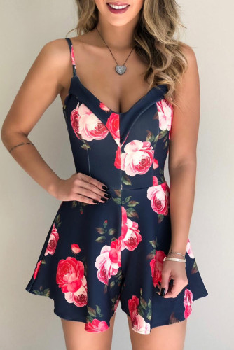 Navy Floral Print Spaghetti Straps Playsuit