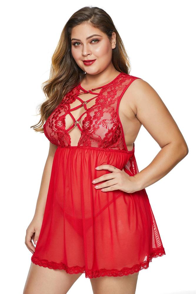 Red Hollow-out Bust Lace Upper Open Back Plus Size Babydoll