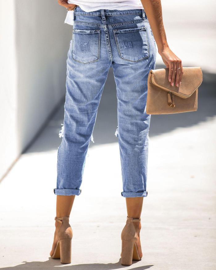 Water Wash Distressed Hole Denim Jeans