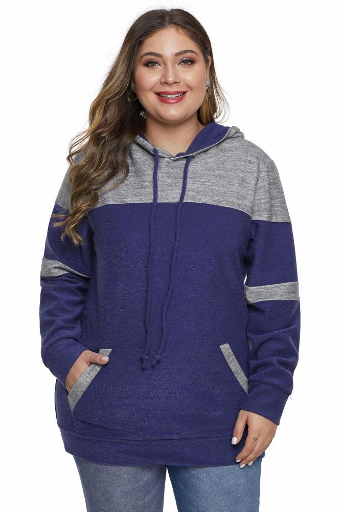 Blue Color Block Pullover Plus Size Hoodie with Pocket