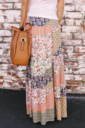 Orange Boho Print Tie-Up Waist Long Maxi Skirt
