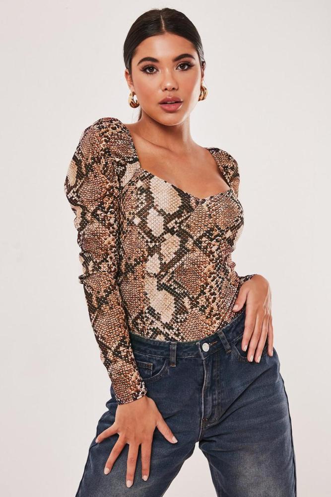 Brown Snake Print Puff Sleeve Bodysuit