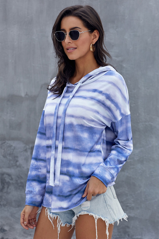 Sky Blue Tie Dye Long Sleeve Drawstring Hoodie