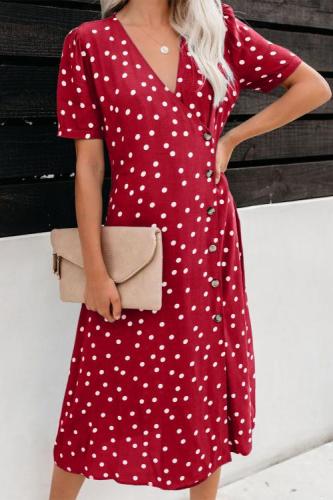 Red Polka Dot Button Down Aside Midi Dress