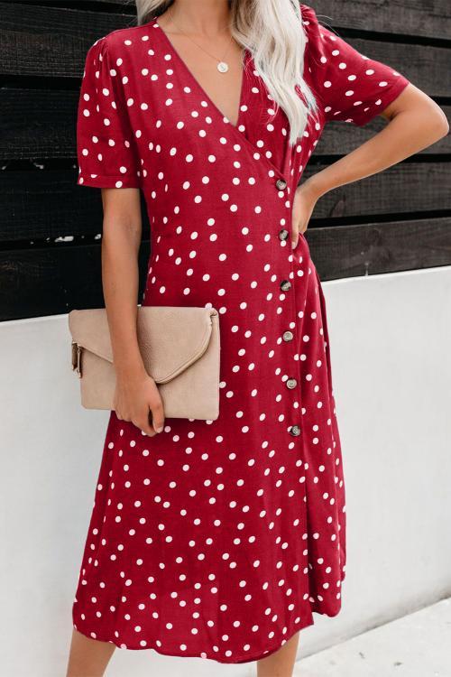 Red Polka Dot Button Down Aside Midi Dress