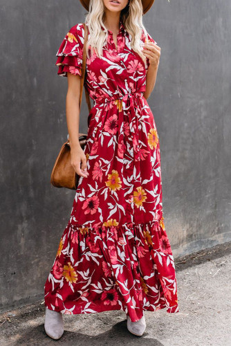 Burgundy Floral Button Maxi Dress