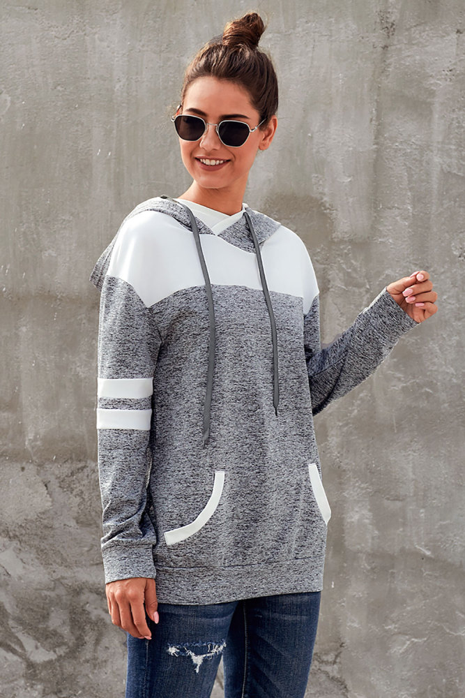 Gray Color Block Pullover Hoodie with Pocket