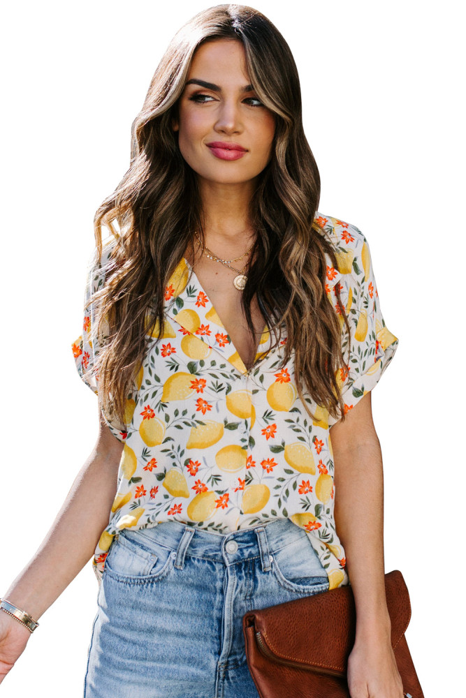 Yellow Printed Button Front Top