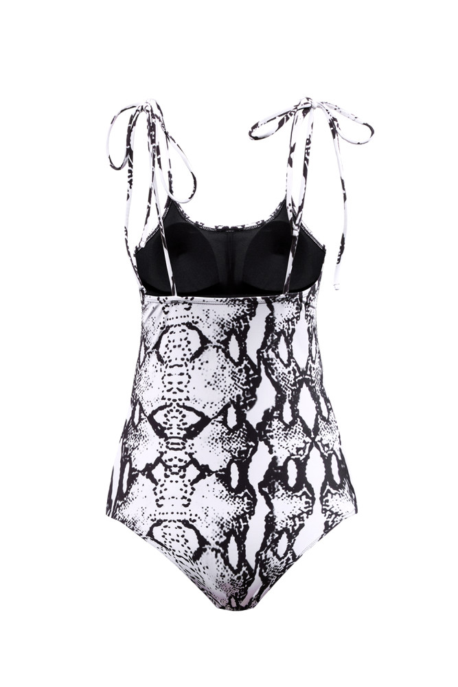 Snake Print High Cut Tie Shoulder Straps One Piece Swimsuit