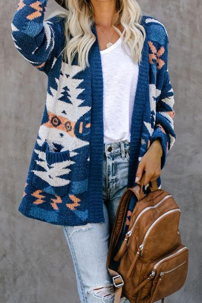 Blue Moraga Pocketed Aztec Cardigan