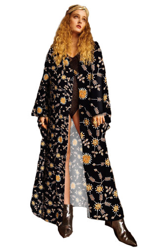 Black Her Majesty Floral Print Kimono Coat