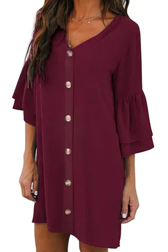 Red V Neck Buttoned Bell Sleeve Shift Shirt Dress