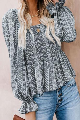 Gray Bohemian Print Shirred Bodice Tunic Top