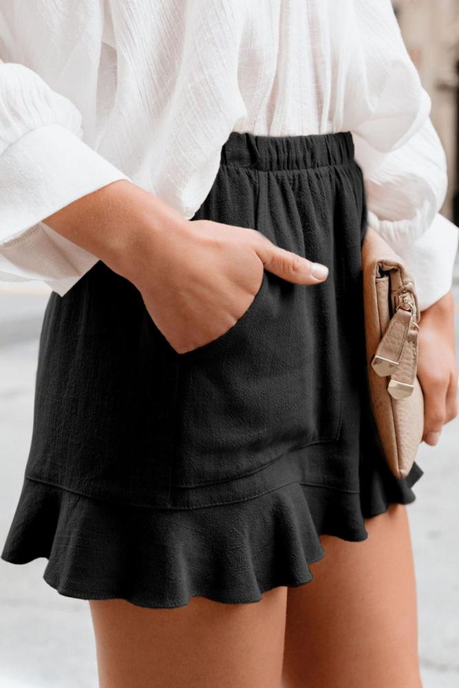 Black Linen Cotton Pocketed Flutter Shorts
