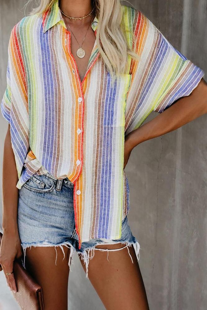 Orange Happier With You Striped Button Down Top