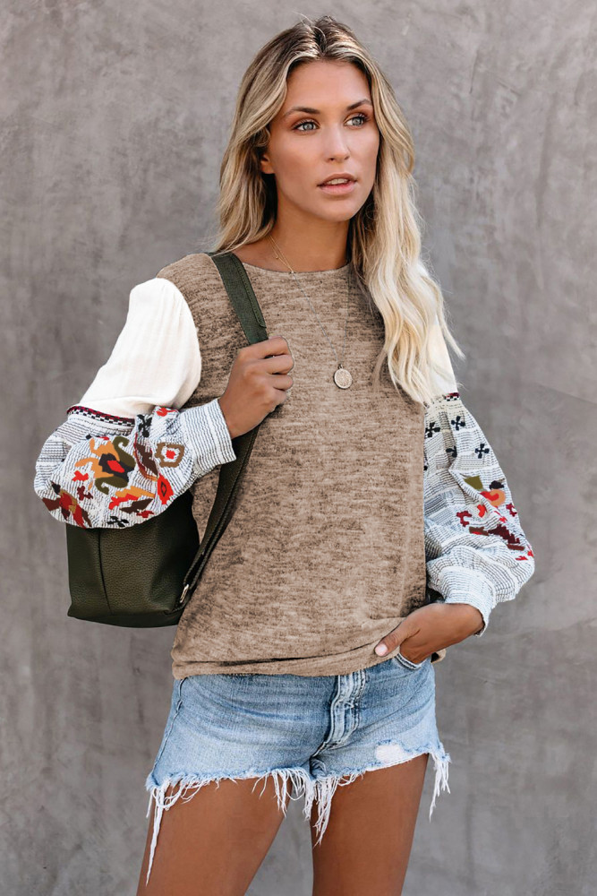 Khaki Contrast Printed Sleeve Knit Sweatshirts