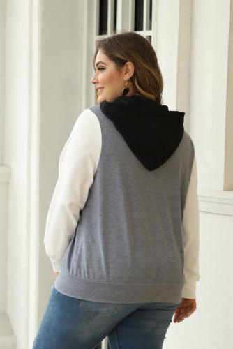 Black Colorblock Hooded Zip Plus Size Jacket