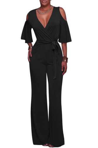 Black V Neck Straps Wide Legs Long Jumpsuit