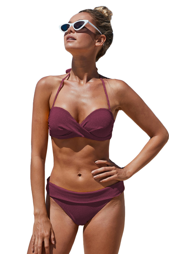 Red Halter Twist Waffle Bikini
