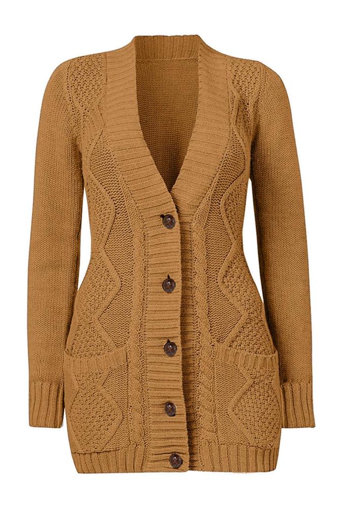 Khaki Front Pocket and Buttons Closure Cardigan